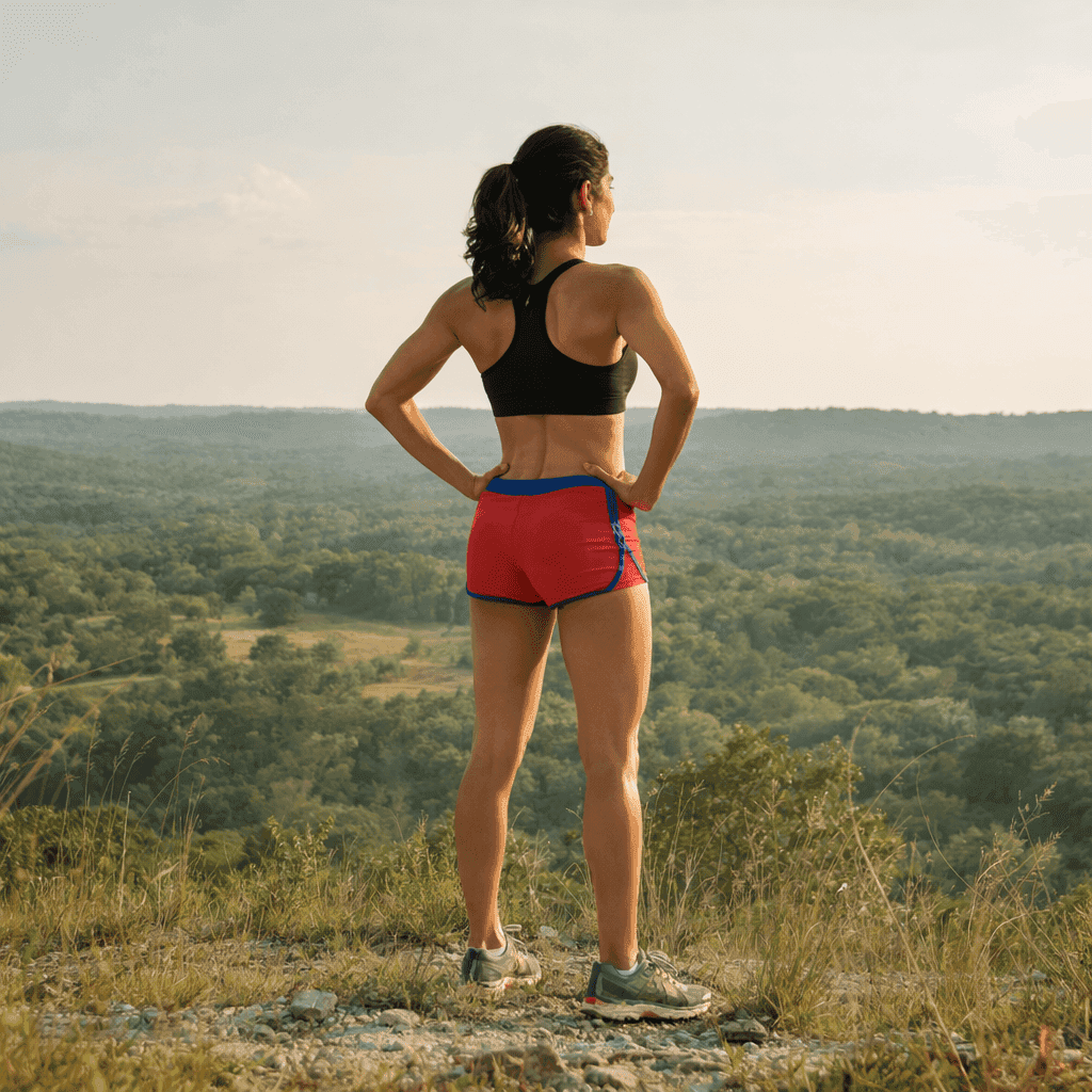 Runner overlooking a lush green valley at sunset